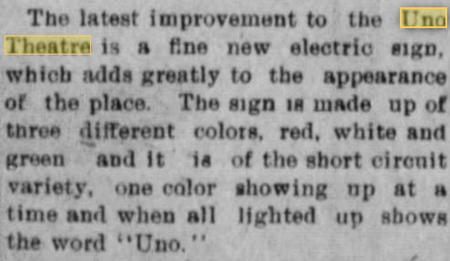 Uno Theatre - March 28 1914 Sign Is Described (newer photo)